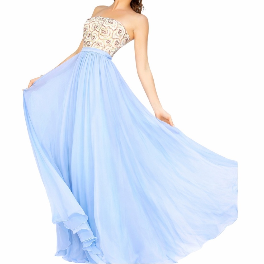 Sherri Hill Strapless Beaded Bodice Light Blue Chiffon Gown
